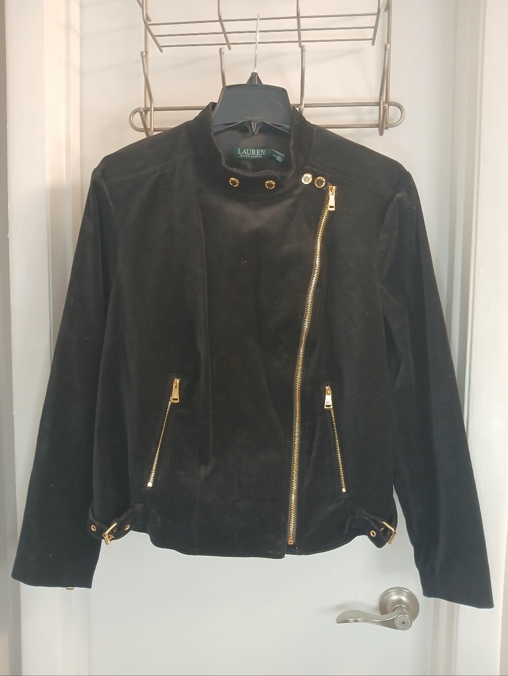 Black Velvet & Gold Slim Fit Asymmetric Zip Moto Jacket 16W NWOT 295$